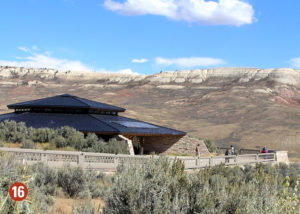 Black roofed visitor center in mountains