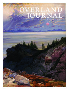 Cover of Overland Journal with artist rendering of mountains, trees, and sky